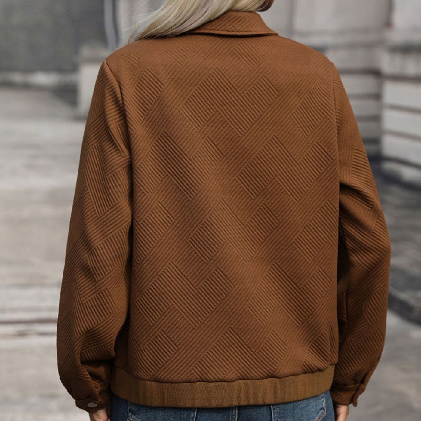 Women's Textured Zip-Up Long Sleeve Jacket Chest Pockets