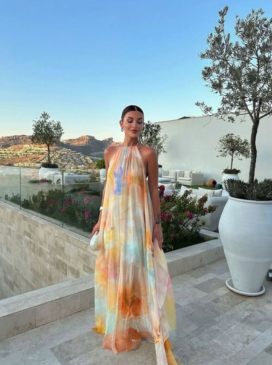 Women's Tie-Dye Print Halterneck Backless Flowy Maxi Dress