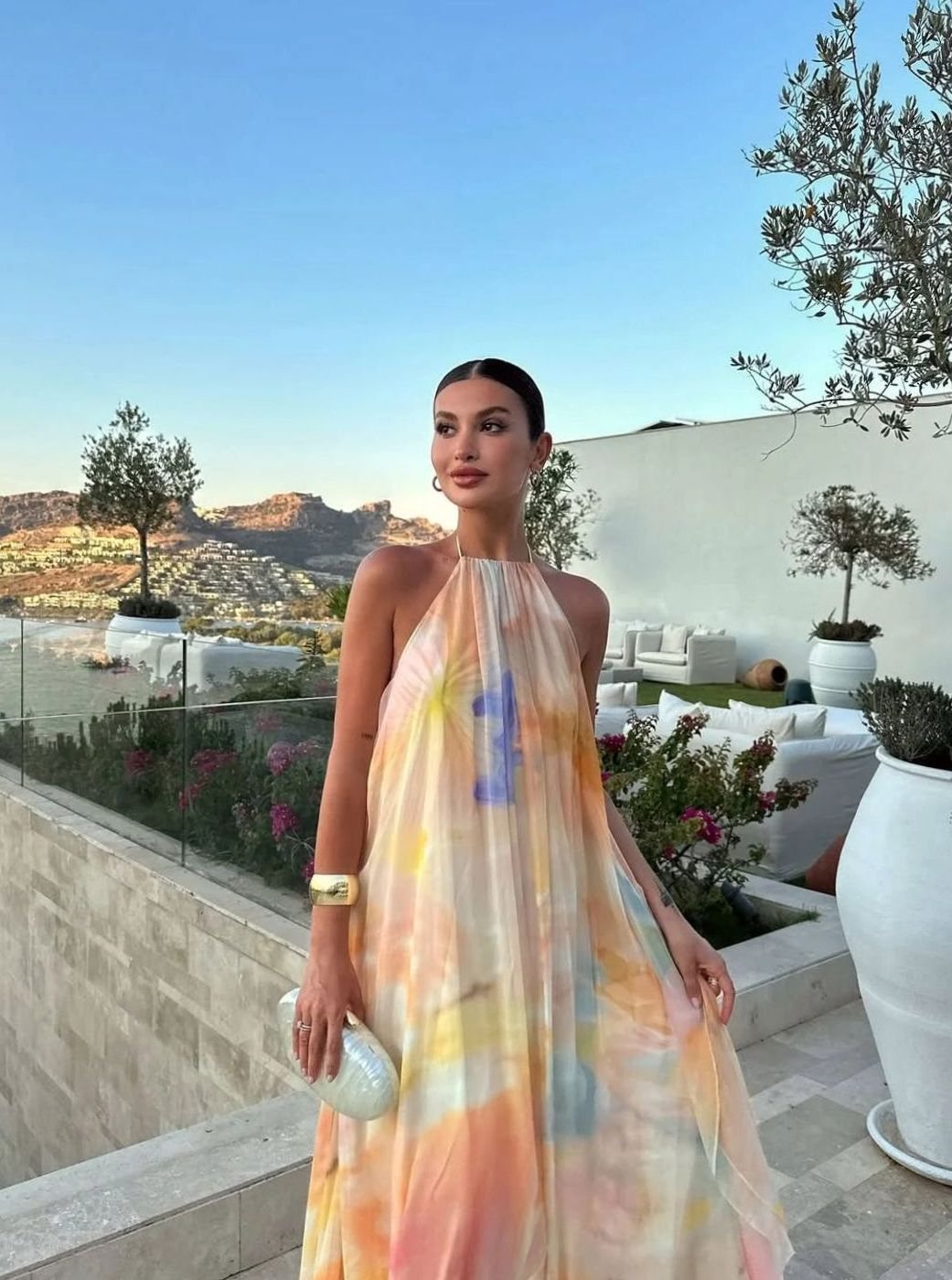 Women's Tie-Dye Print Halterneck Backless Flowy Maxi Dress