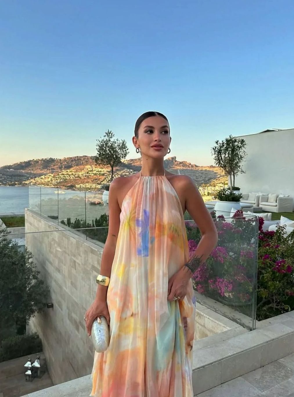 Women's Tie-Dye Print Halterneck Backless Flowy Maxi Dress