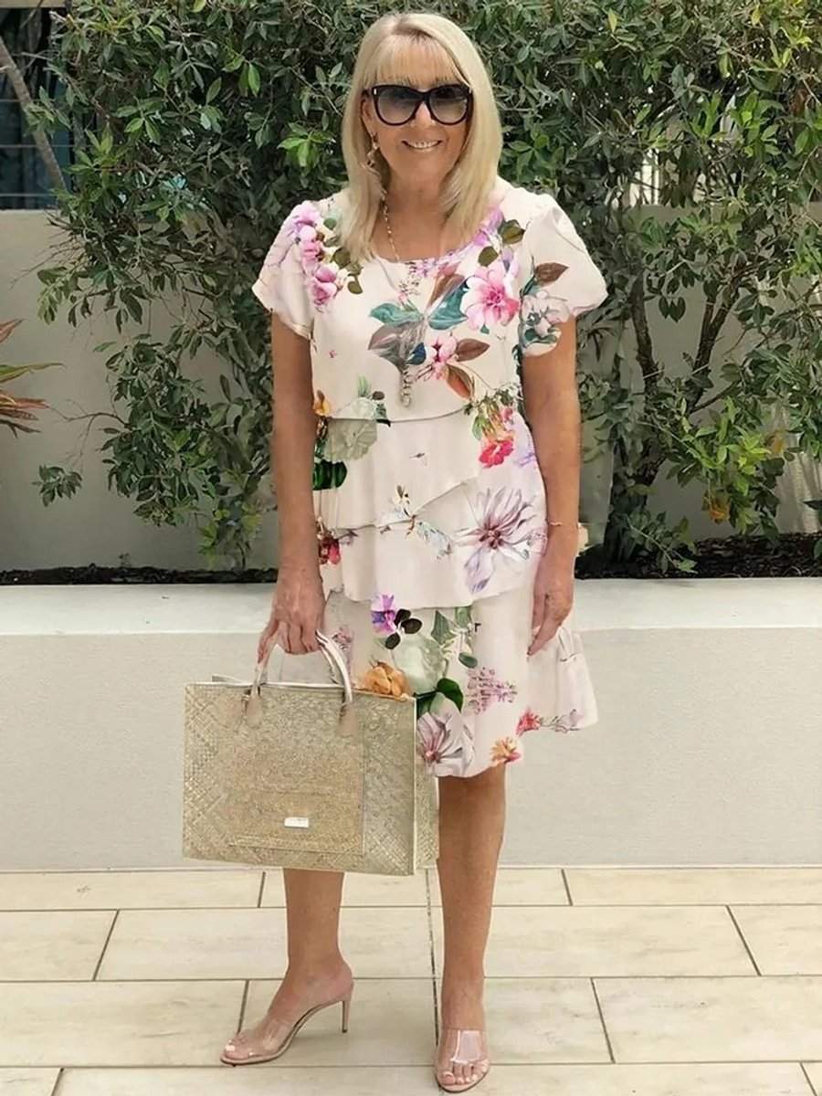 Women's Tiered Floral Summer Dress Short Sleeve Midi