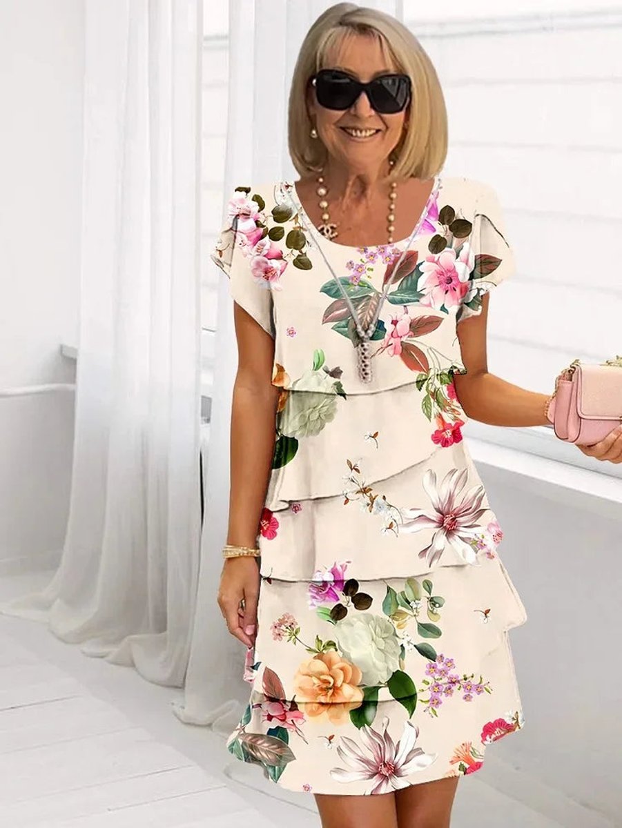 Women's Tiered Floral Summer Dress Short Sleeve Midi - Apricot