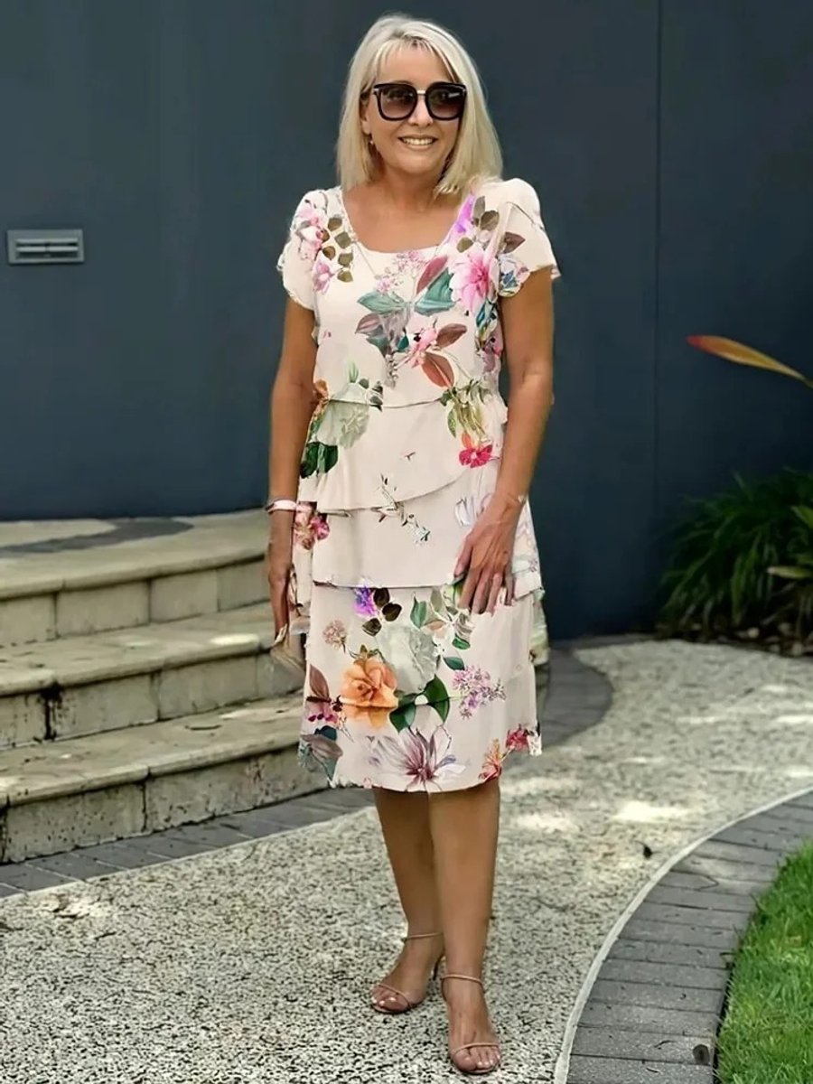 Women's Tiered Floral Summer Dress Short Sleeve Midi