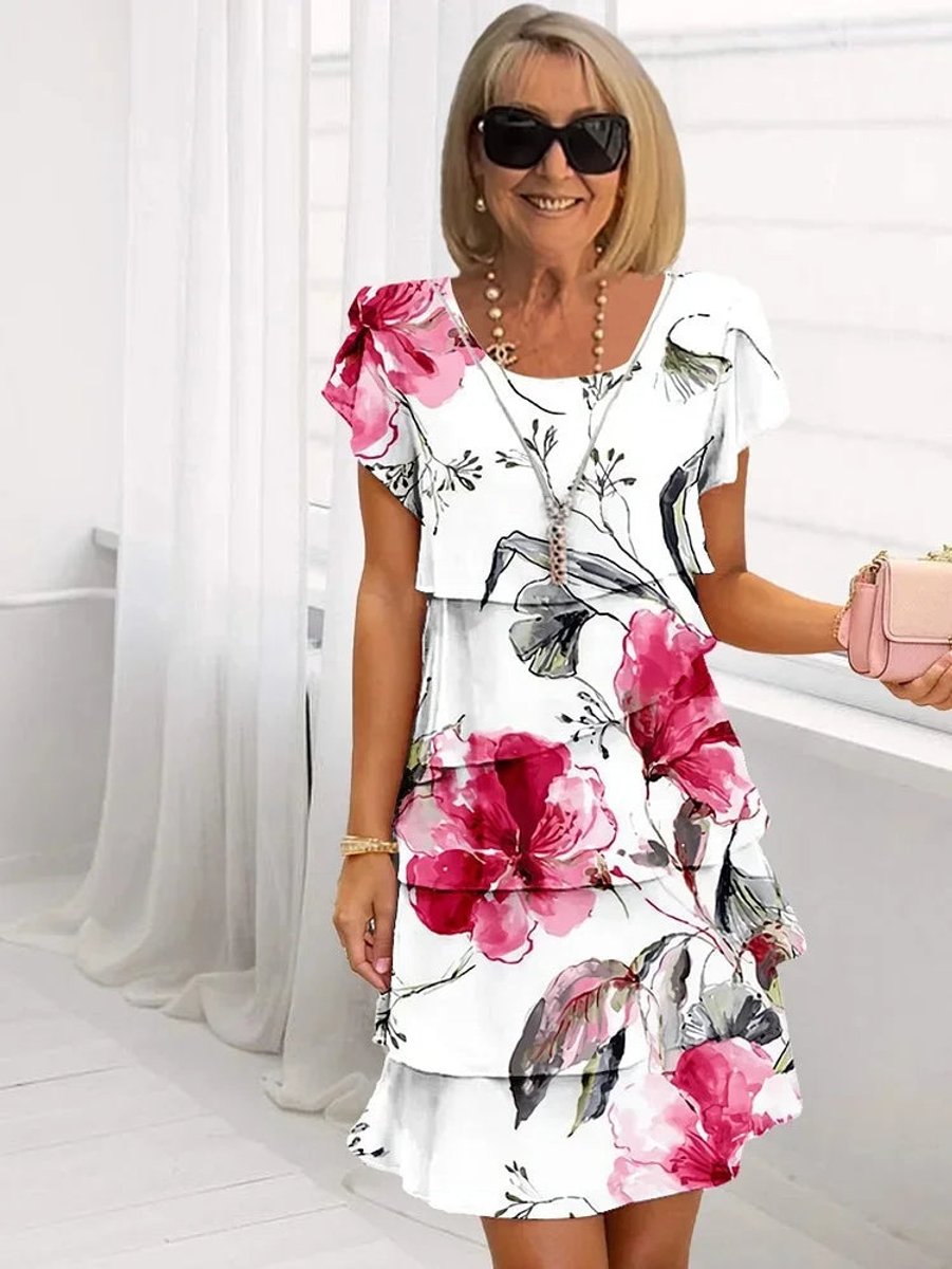 Women's Tiered Floral Summer Dress Short Sleeve Midi - Red
