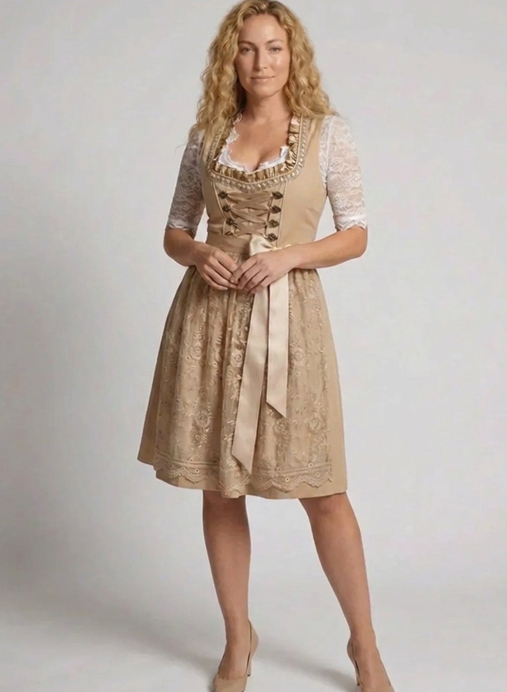 Women's Traditional Lace-Bodice Knee-Length Dirndl Dress - Beige