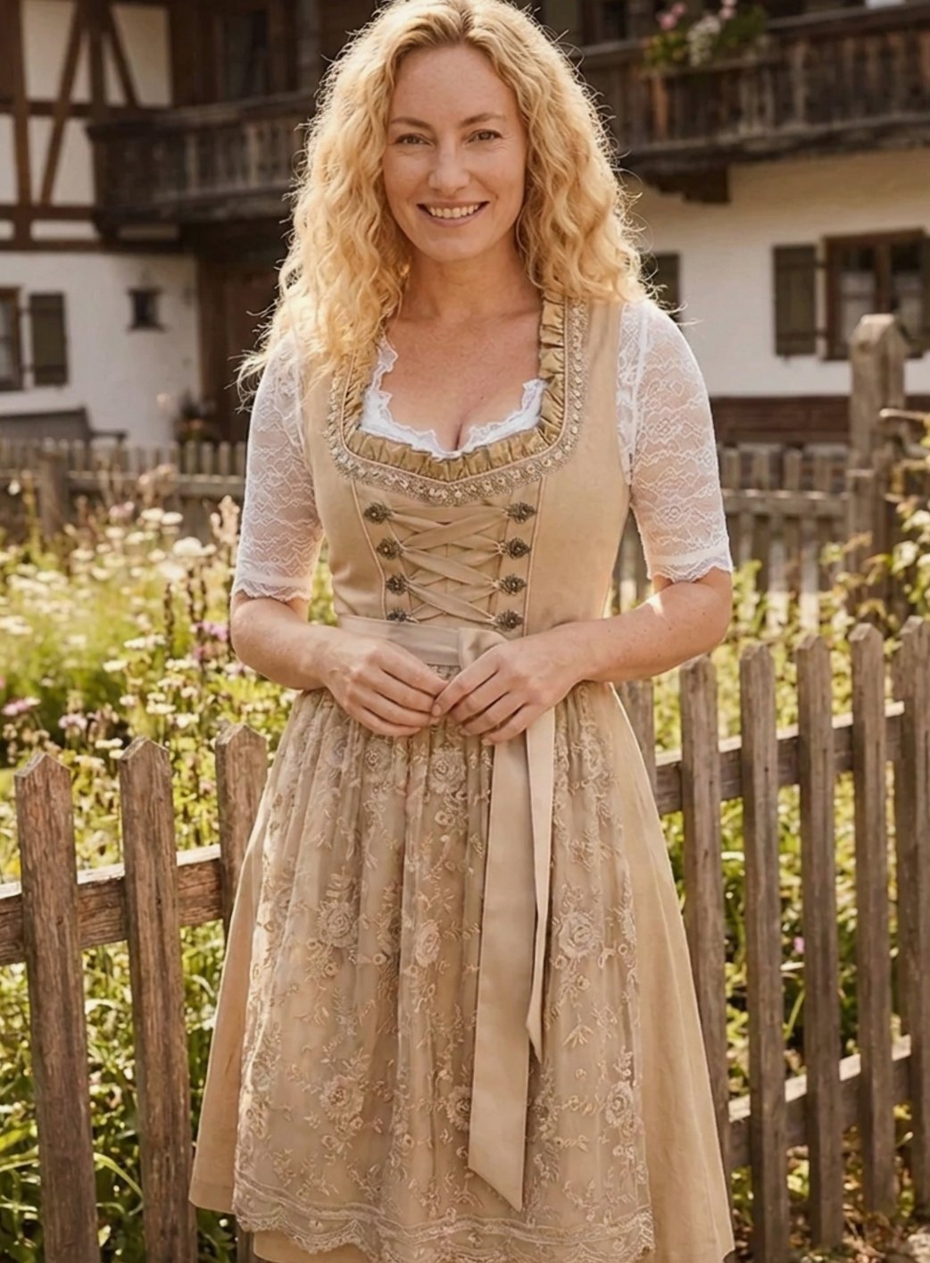 Women's Traditional Lace-Bodice Knee-Length Dirndl Dress