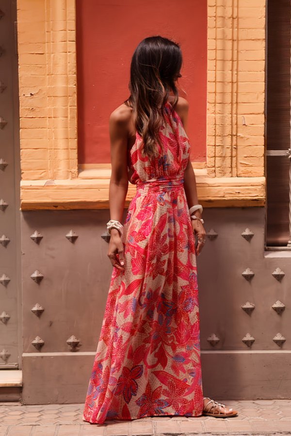 Women's Tropical Floral Halter Neck Flowing Maxi Dresses