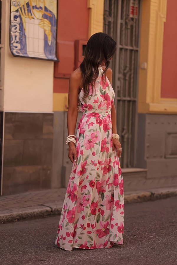 Women's Tropical Floral Halter Neck Flowing Maxi Dresses
