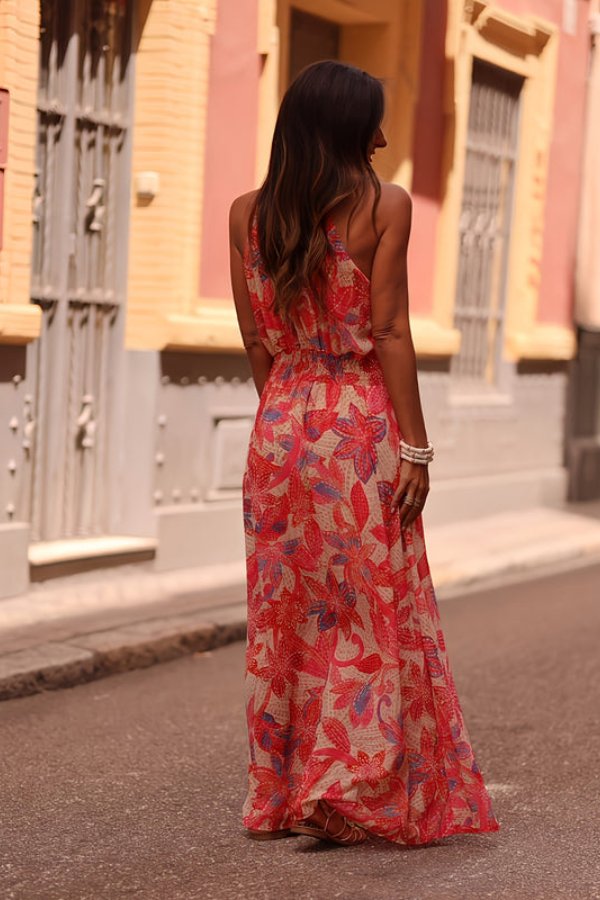 Women's Tropical Floral Halter Neck Flowing Maxi Dresses