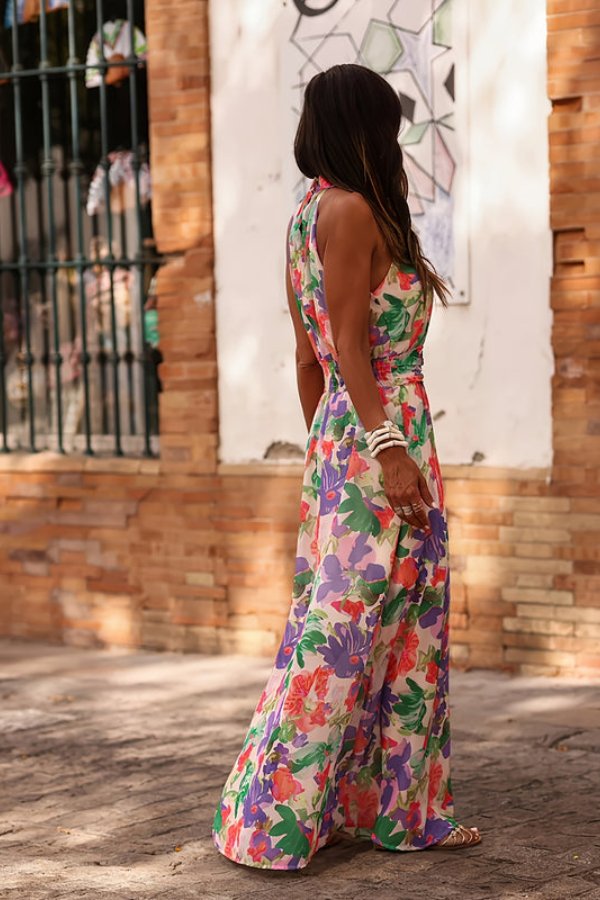 Women's Tropical Floral Halter Neck Flowing Maxi Dresses