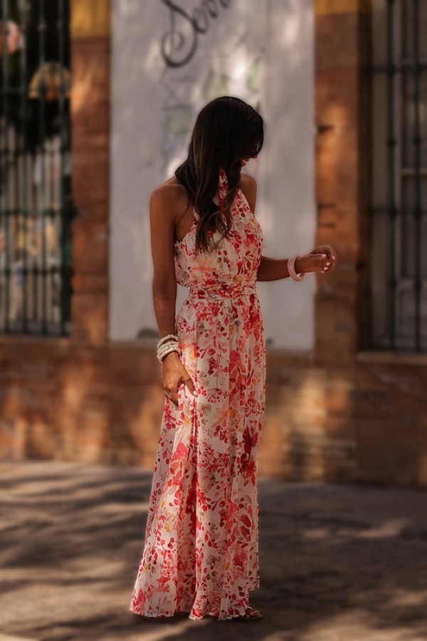 Women's Tropical Floral Halter Neck Flowing Maxi Dresses
