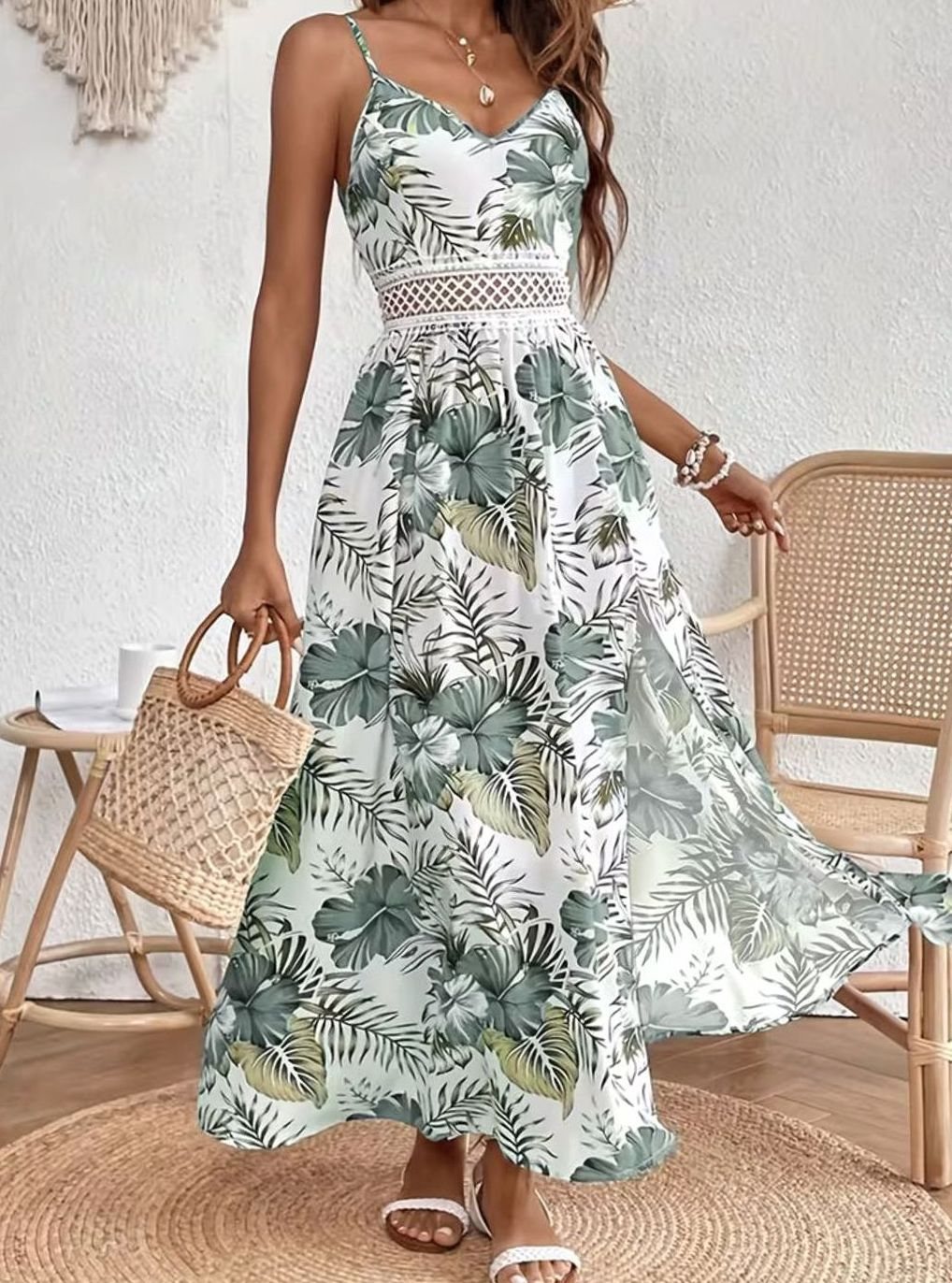 Women's Tropical Floral Maxi Dress Lace-Waist Spaghetti-Strap Side-Split - Green
