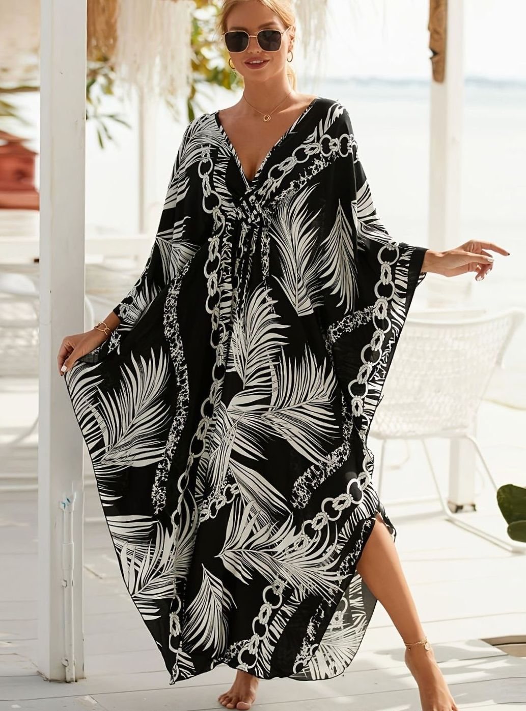 Women's Tropical Palm Print Kaftan Maxi Dress V-Neck