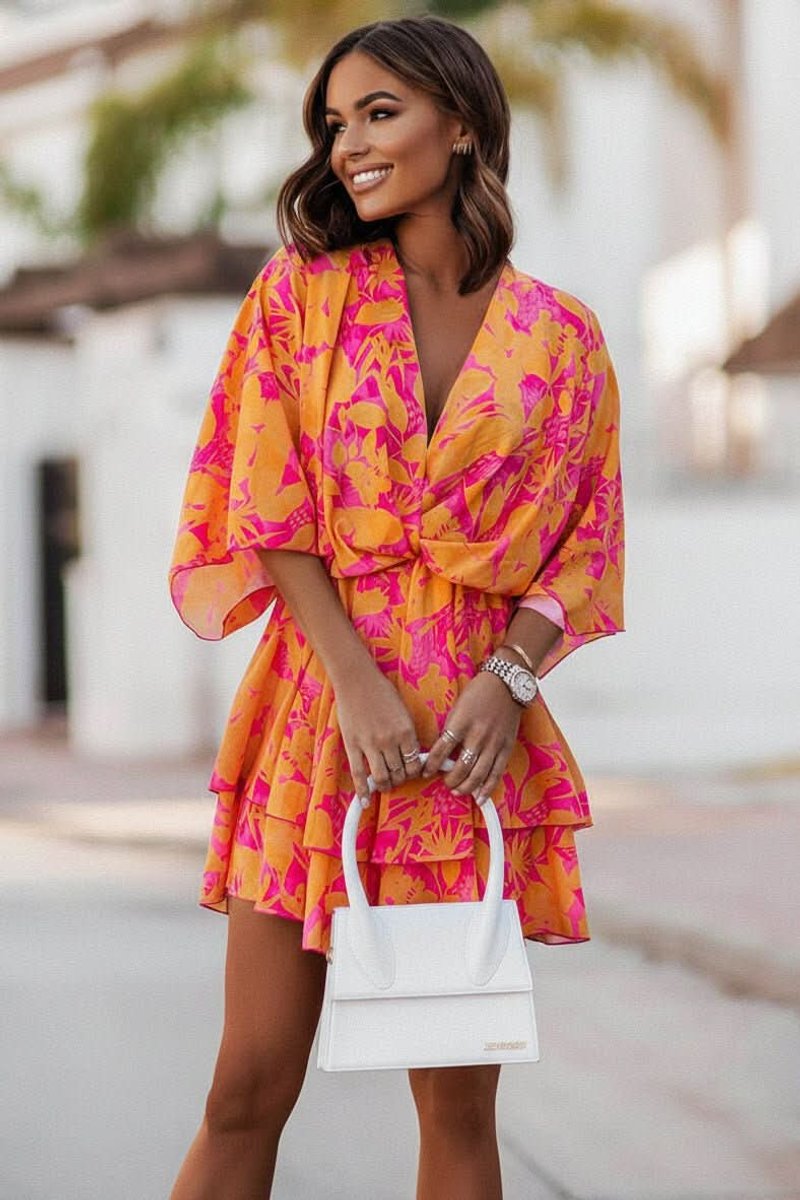 Women's Tropical Print Mini Cocktail Dress Kimono Sleeve - Orange