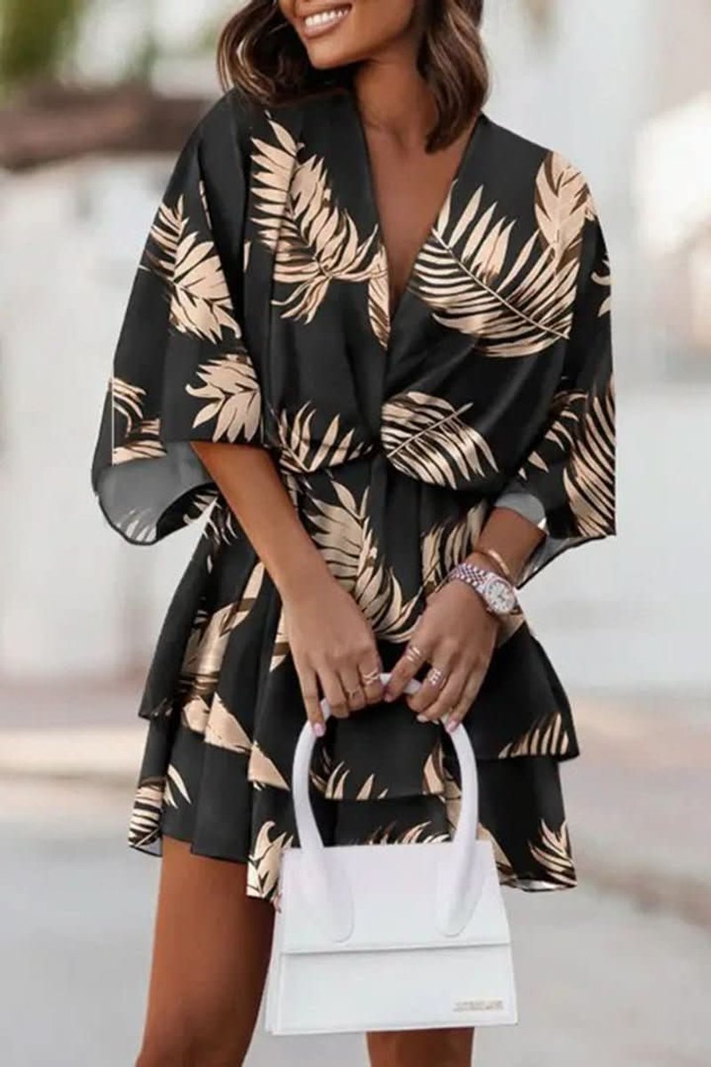 Women's Tropical Print Mini Cocktail Dress Kimono Sleeve - Black