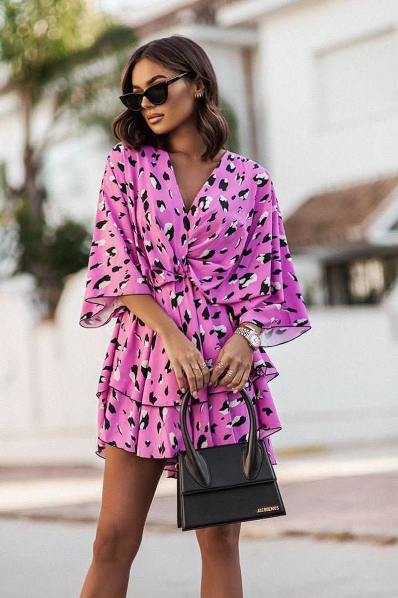 Women's Tropical Print Mini Cocktail Dress Kimono Sleeve - Pink