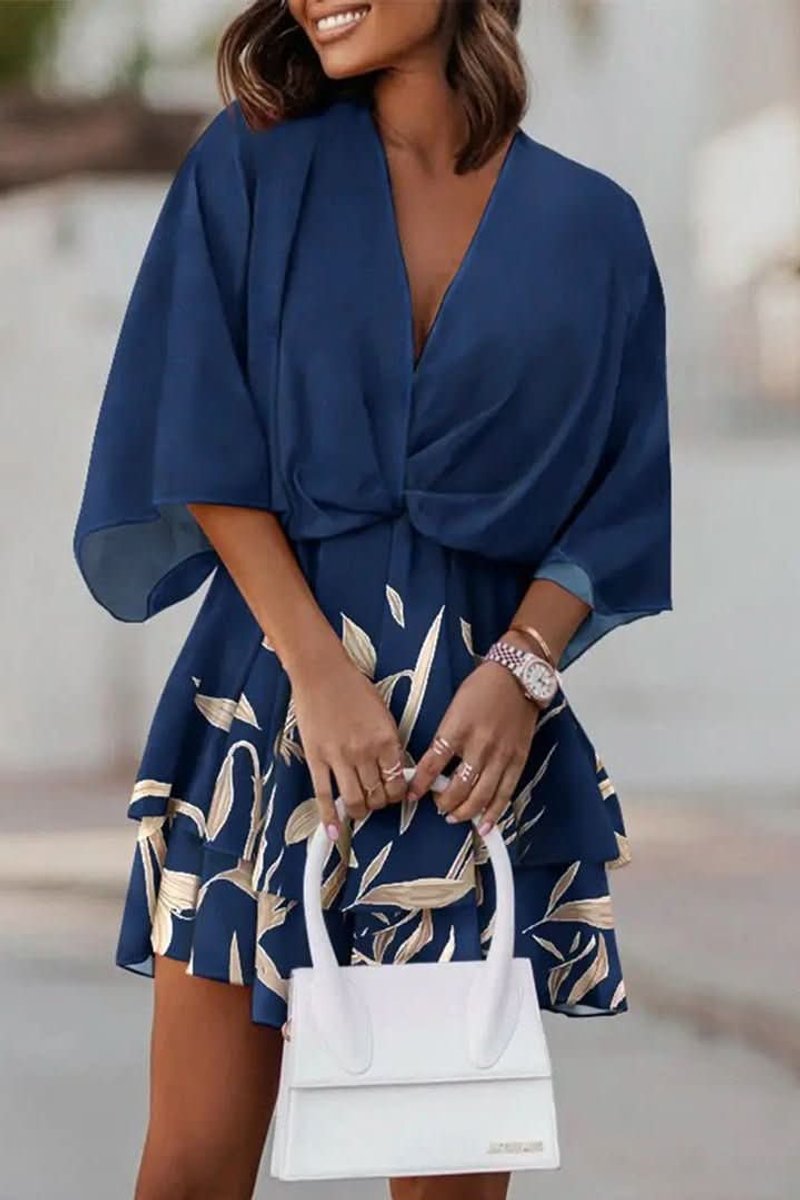 Women's Tropical Print Mini Cocktail Dress Kimono Sleeve - Navy Blue