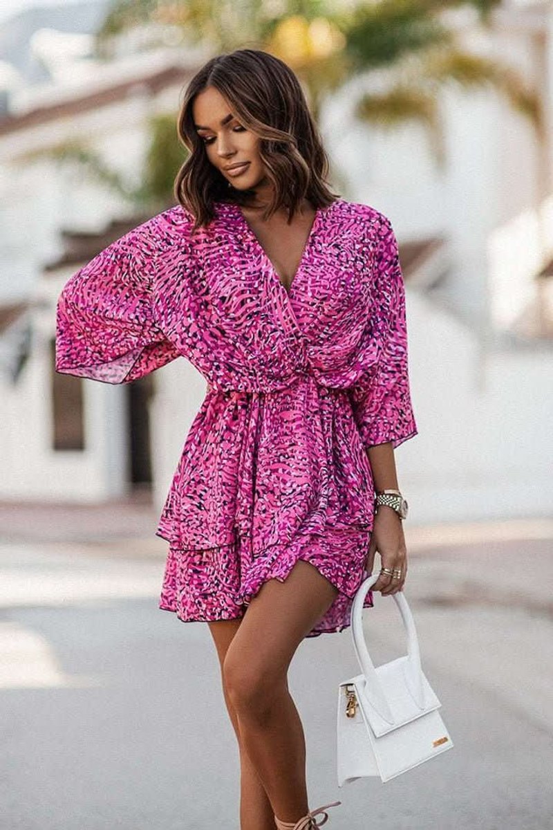 Women's Tropical Print Mini Cocktail Dress Kimono Sleeve - Purple