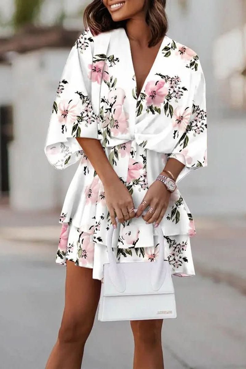 Women's Tropical Print Mini Cocktail Dress Kimono Sleeve - White