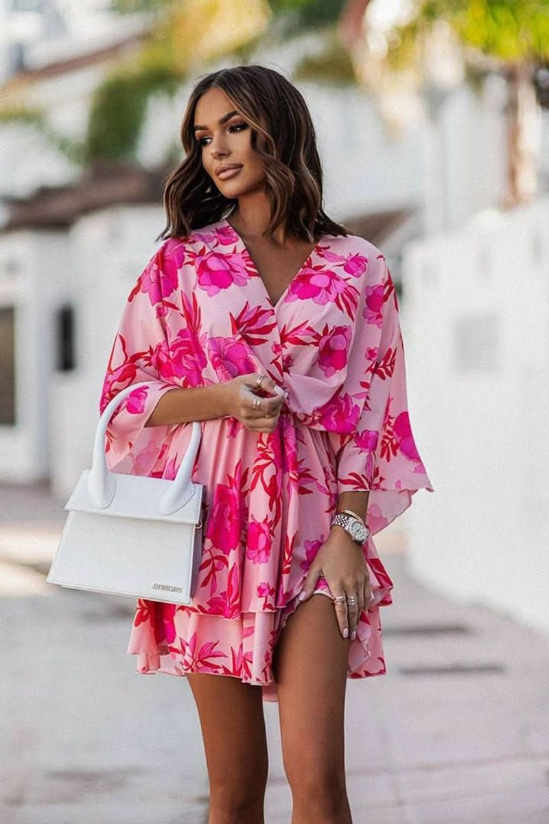 Women's Tropical Print Mini Cocktail Dress Kimono Sleeve - Red