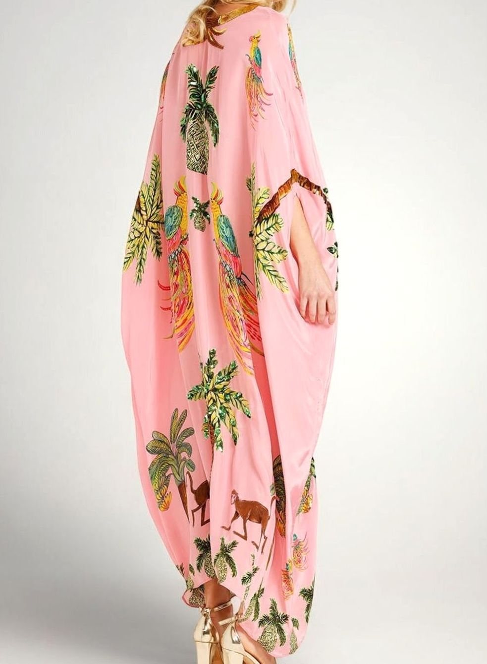 Women's Tropical Print Sequin Drop-Shoulder Maxi Dress