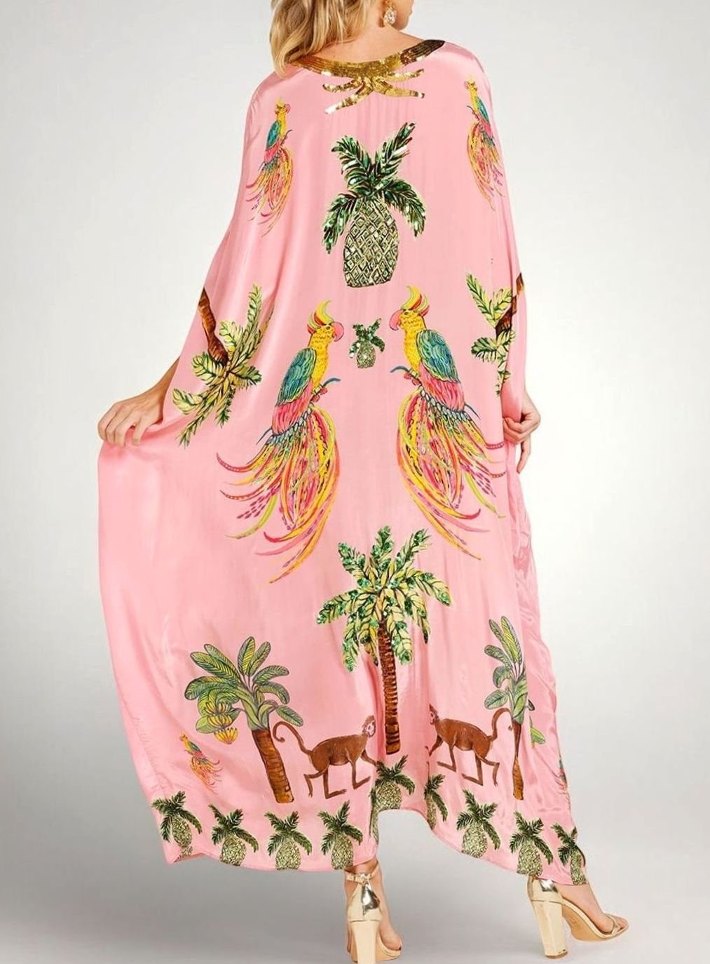 Women's Tropical Print Sequin Drop-Shoulder Maxi Dress - Pink