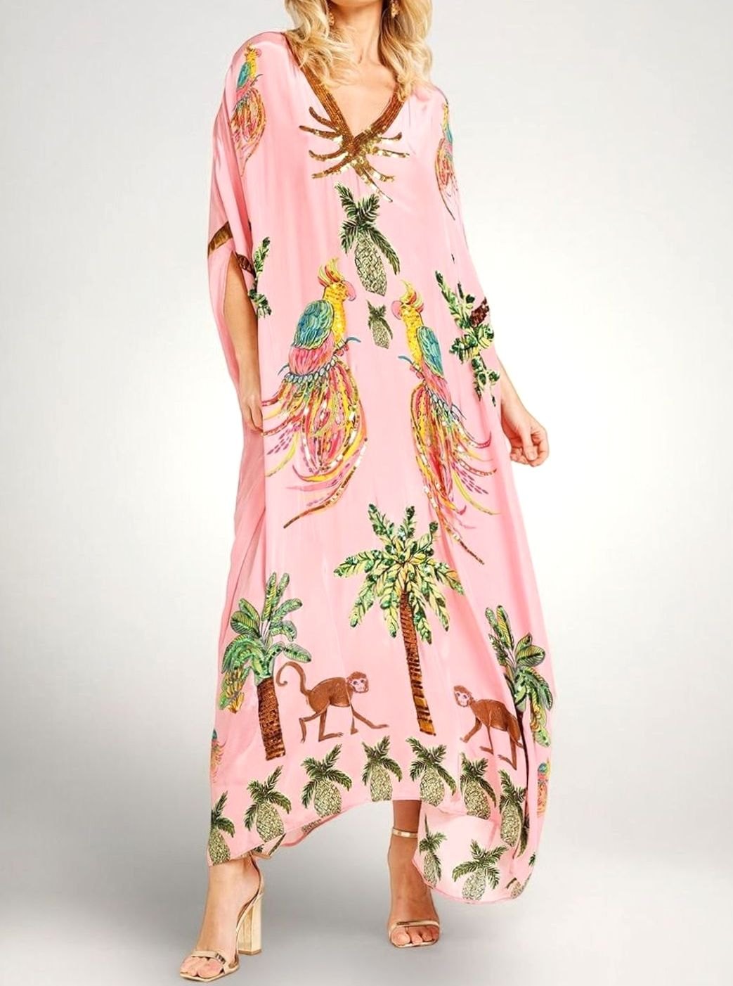 Women's Tropical Print Sequin Drop-Shoulder Maxi Dress