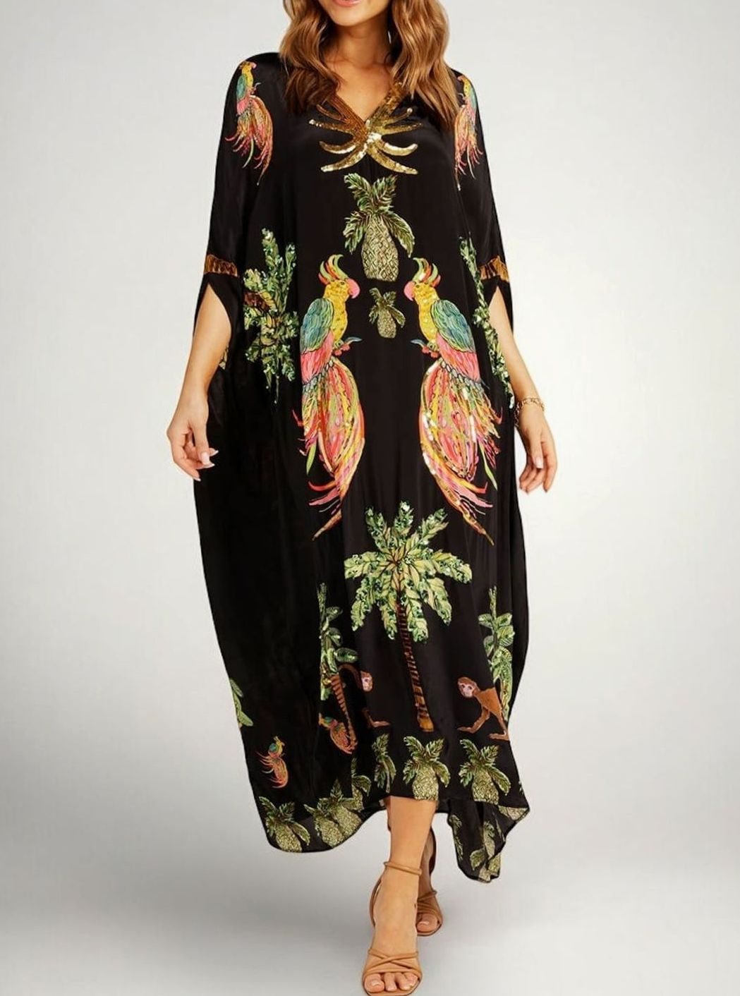 Women's Tropical Print Sequin Drop-Shoulder Maxi Dress