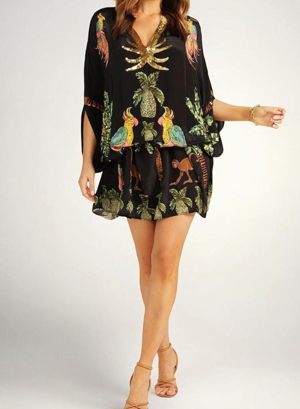 Women's Tropical Print Sequin Drop-Shoulder Maxi Dress