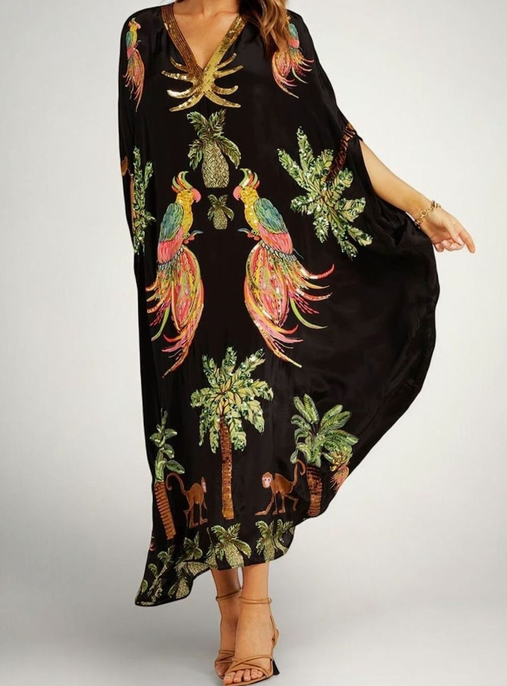 Women's Tropical Print Sequin Drop-Shoulder Maxi Dress - Black