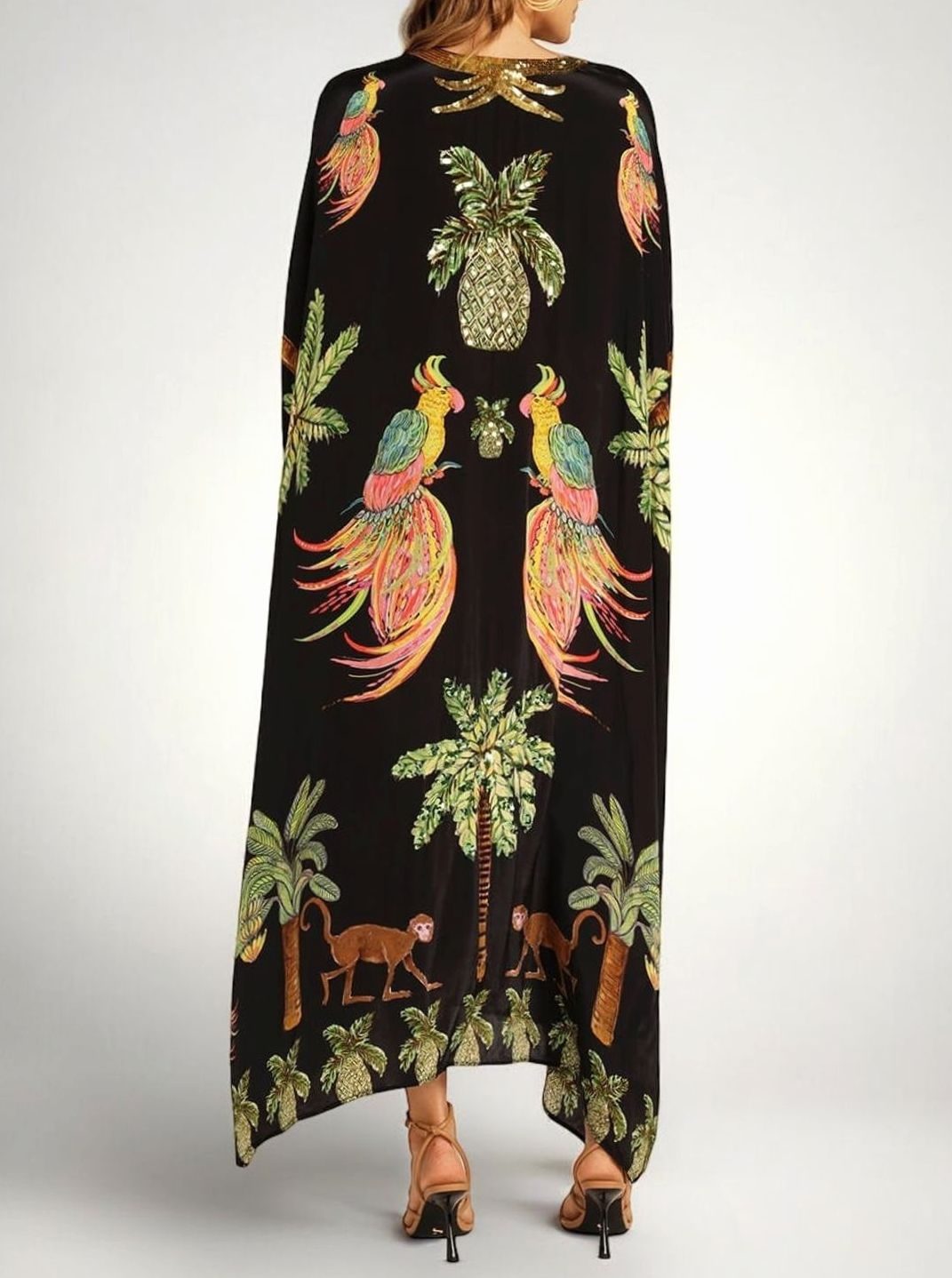 Women's Tropical Print Sequin Drop-Shoulder Maxi Dress