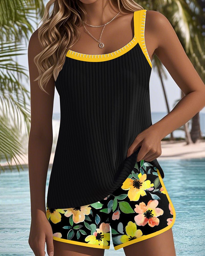 Women's Tummy Control Floral Print Two-Piece Tankini Set - Yellow