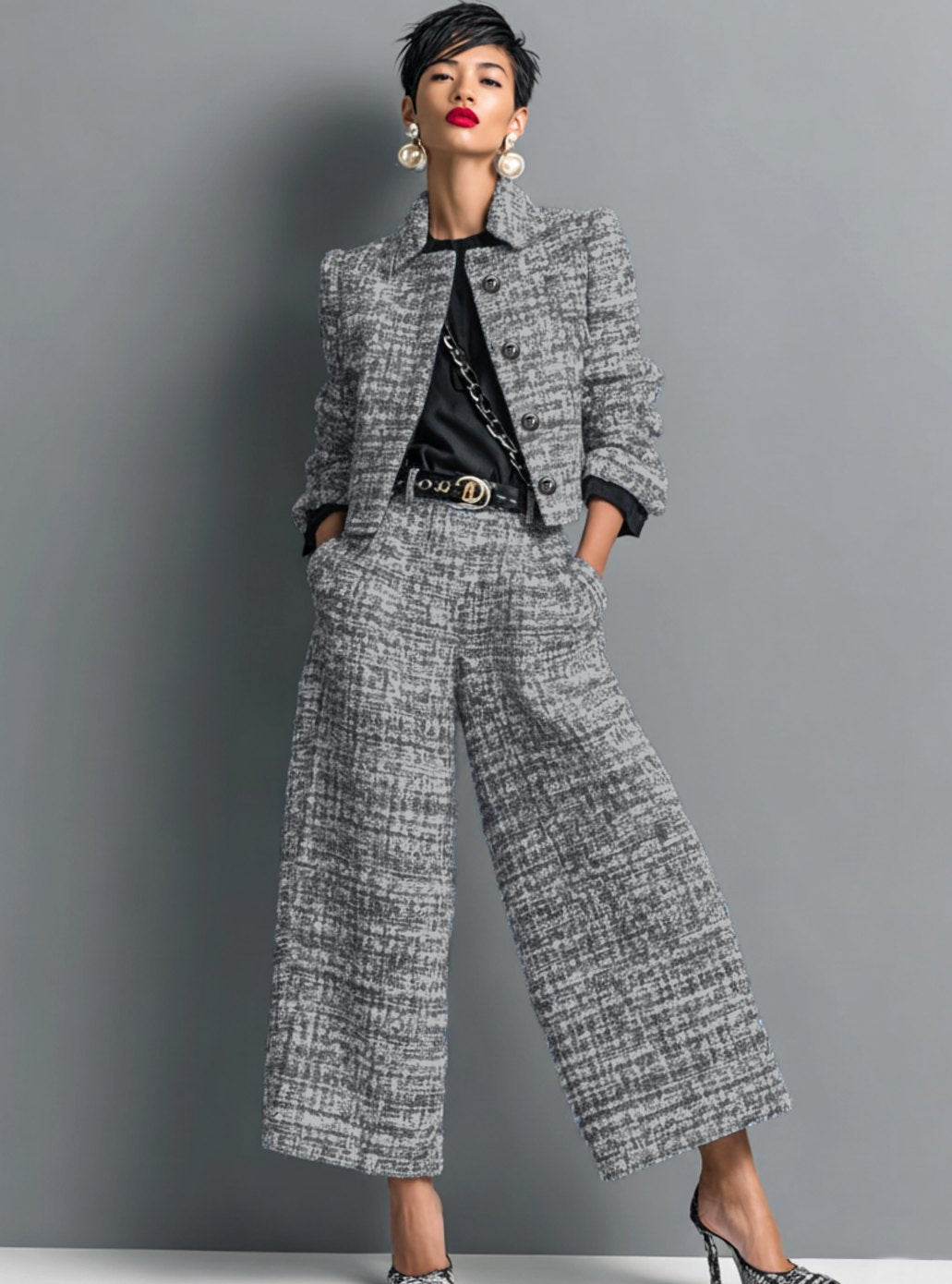 Women's Tweed Two-Piece Wide-Leg Culotte Jacket Set - Black