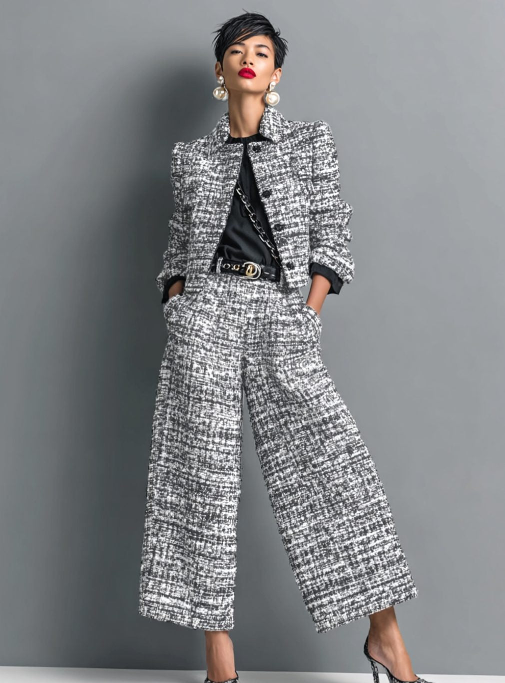 Women's Tweed Two-Piece Wide-Leg Culotte Jacket Set - Grey