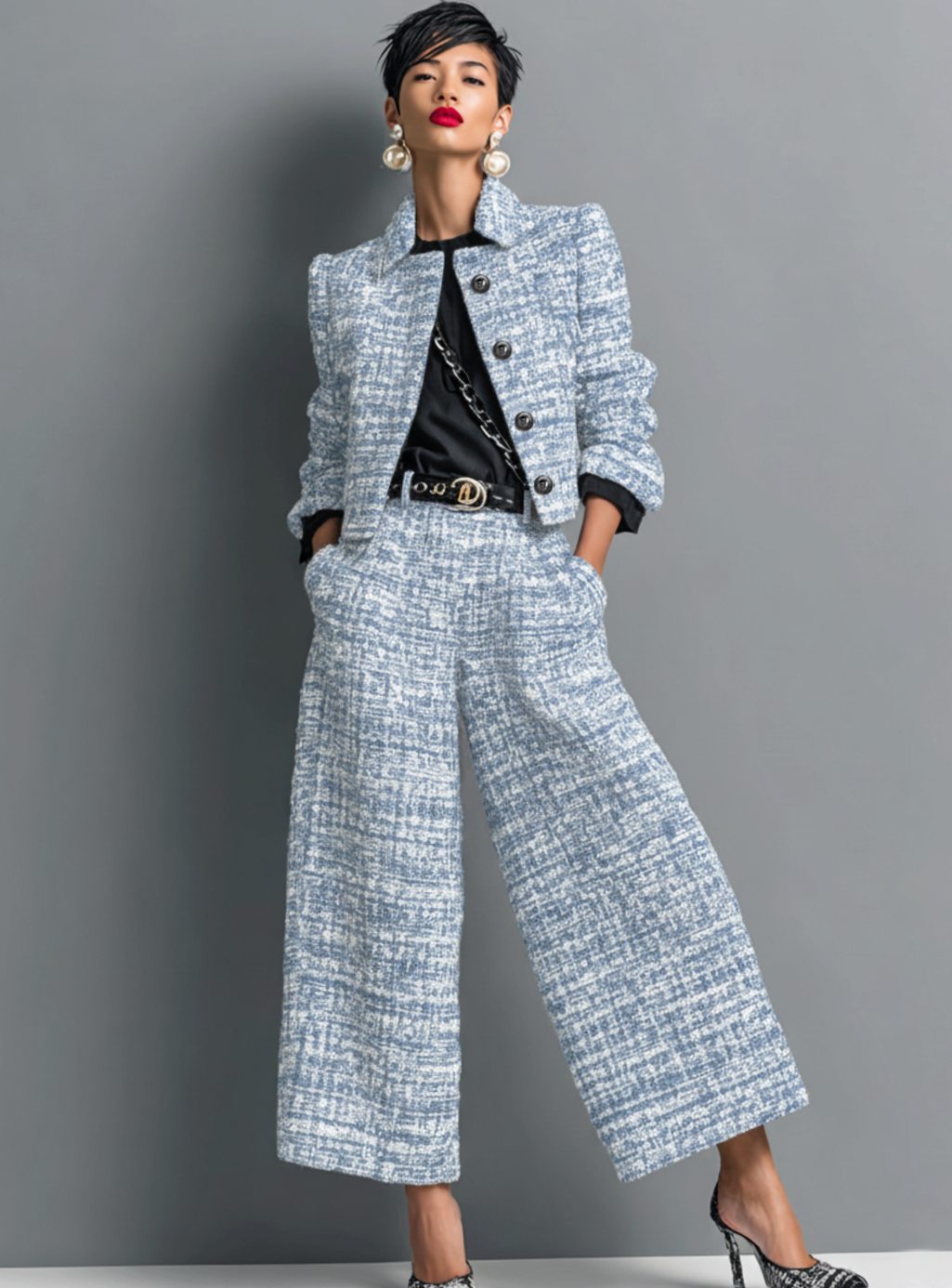 Women's Tweed Two-Piece Wide-Leg Culotte Jacket Set - Blue