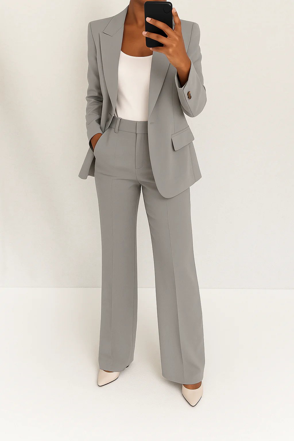 Women's Two Piece Suit Blazer Trouser Set Office Workwear - Grey