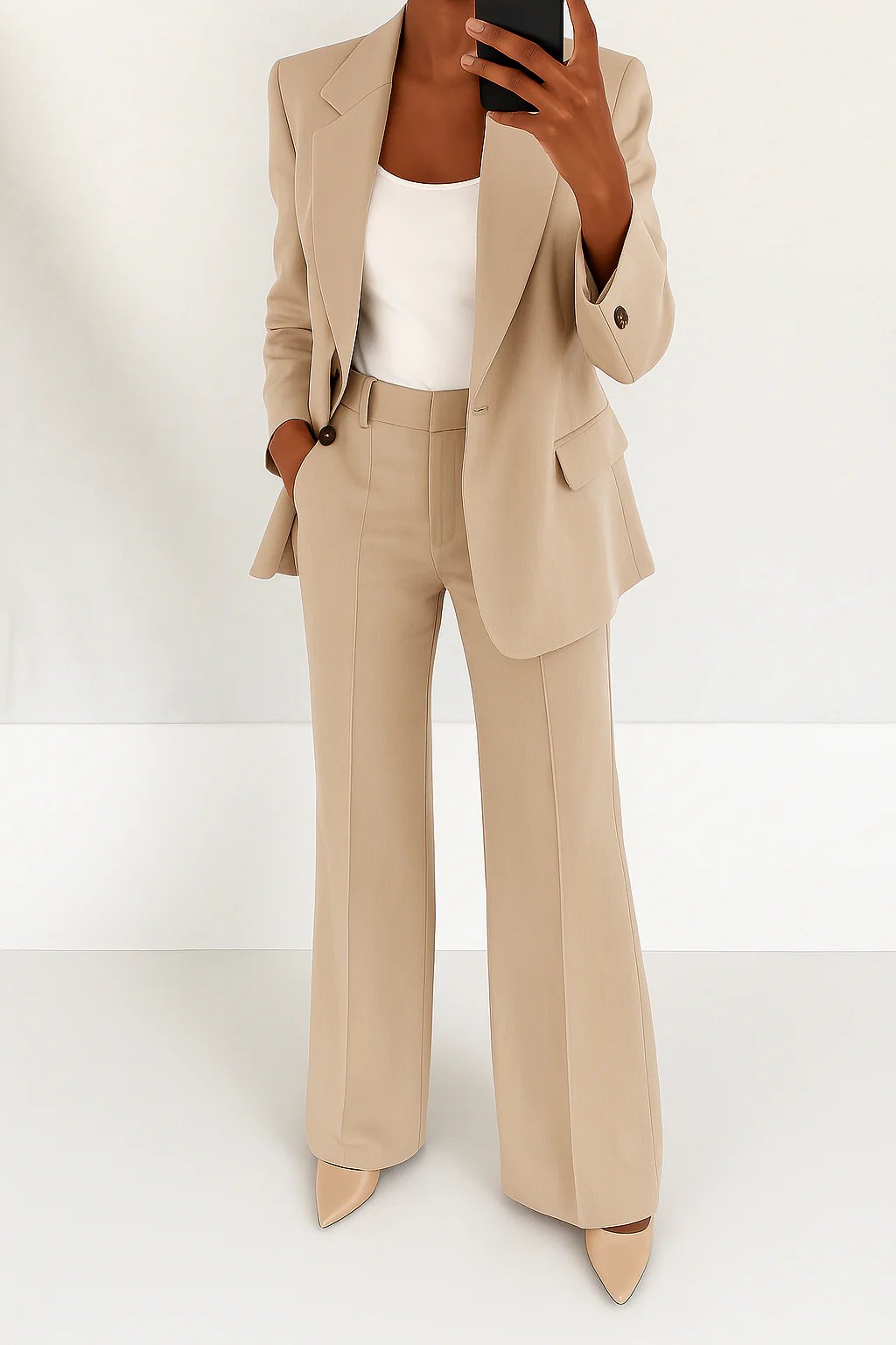 Women's Two Piece Suit Blazer Trouser Set Office Workwear - Beige