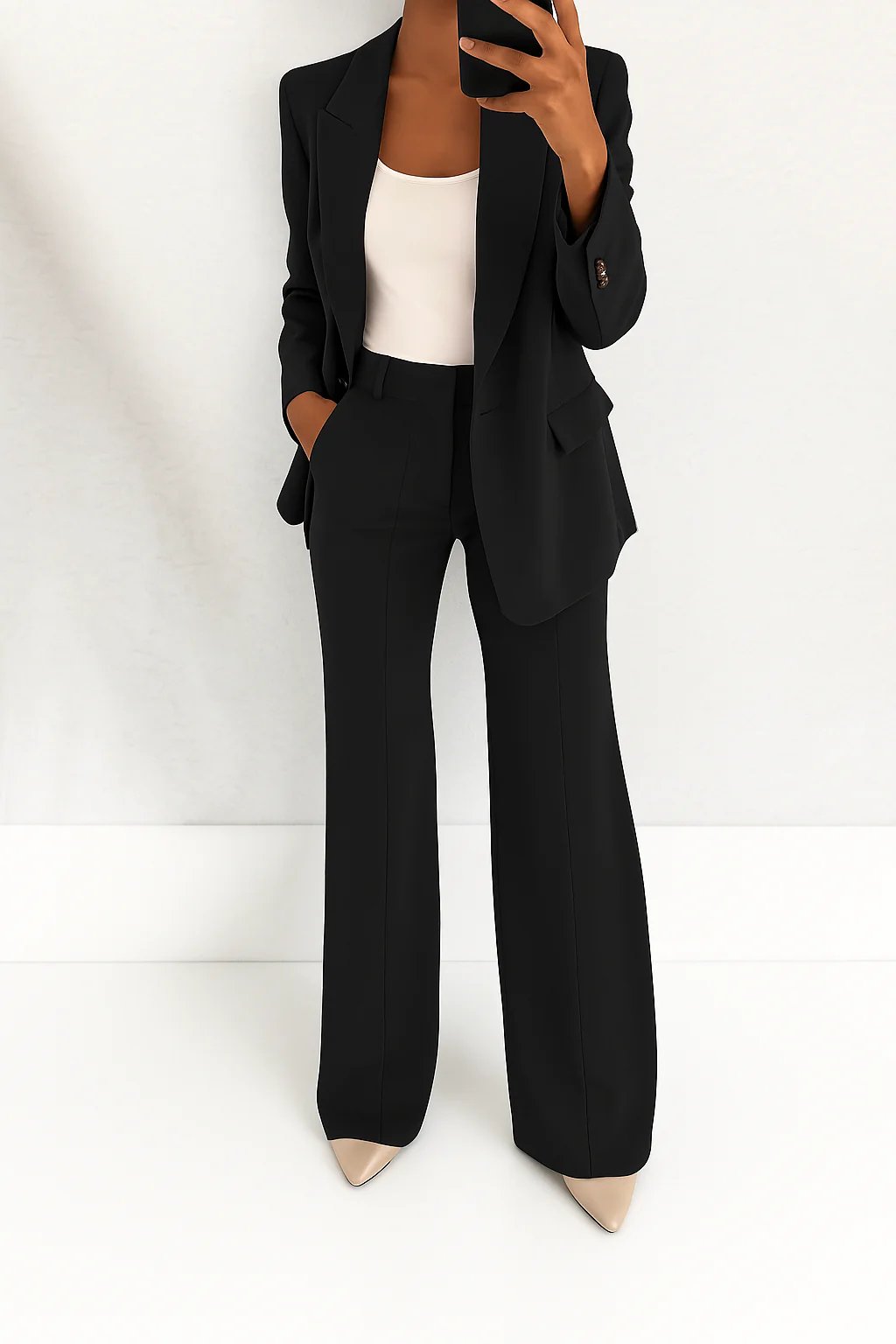 Women's Two Piece Suit Blazer Trouser Set Office Workwear - Black