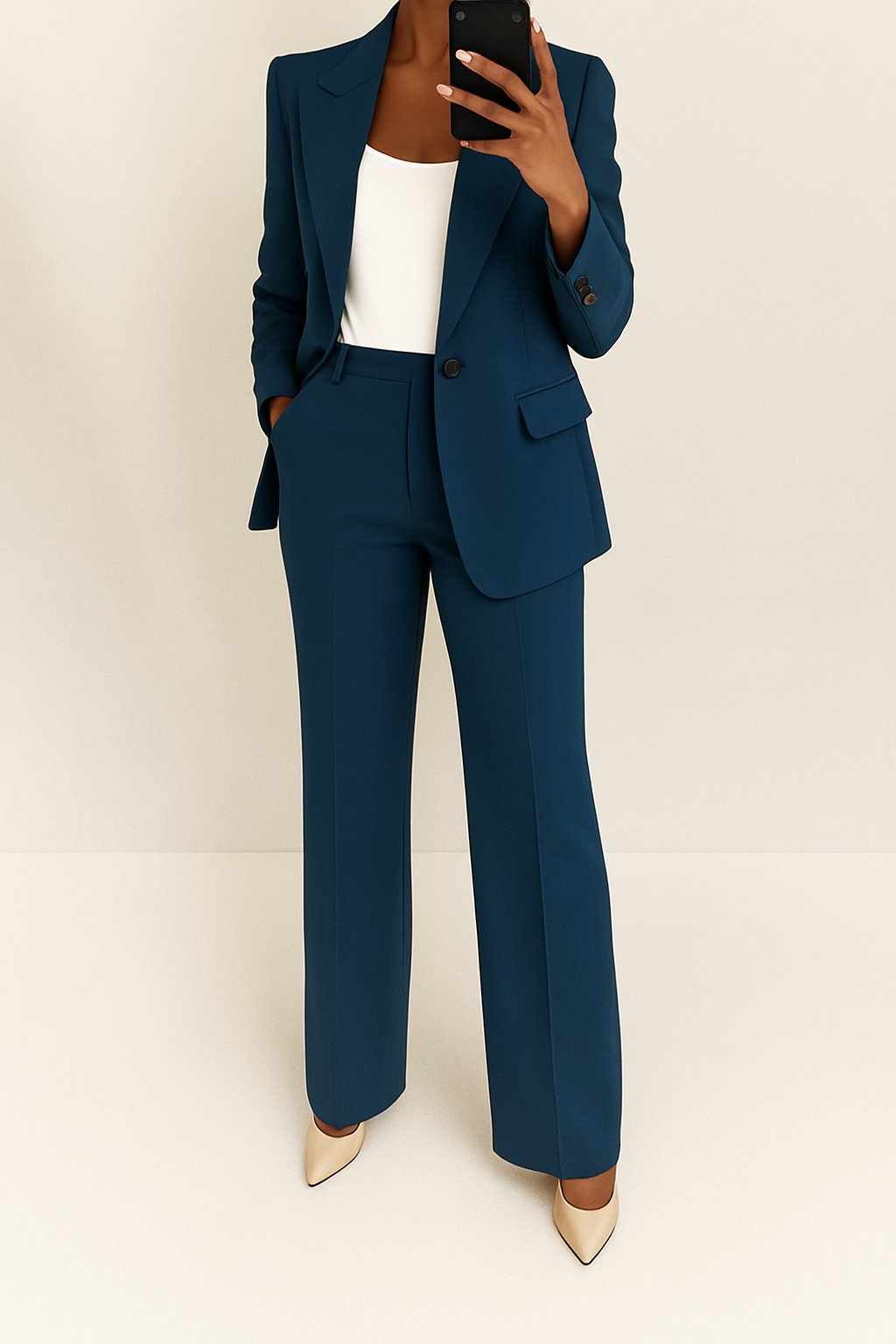 Women's Two Piece Suit Blazer Trouser Set Office Workwear - Navy Blue