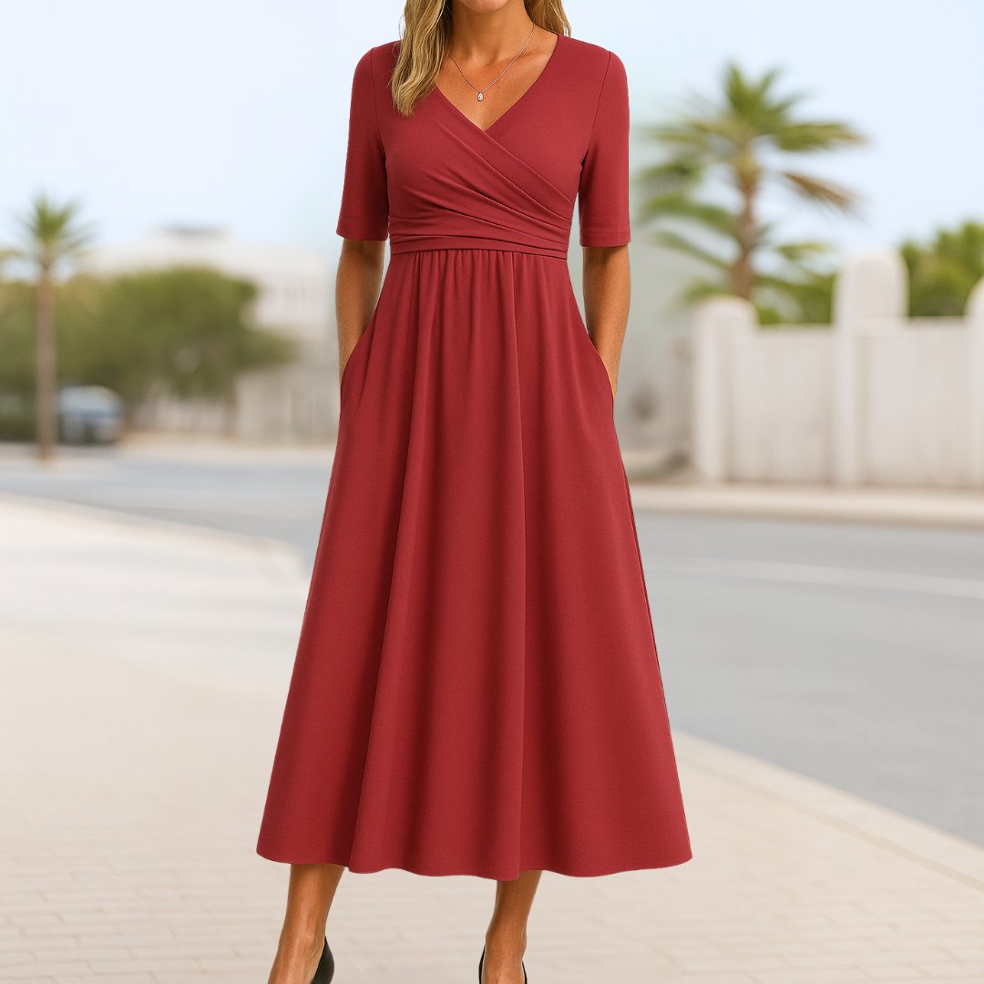 Women's V-Neck A-Line Cross-Over Midi Dress - Red