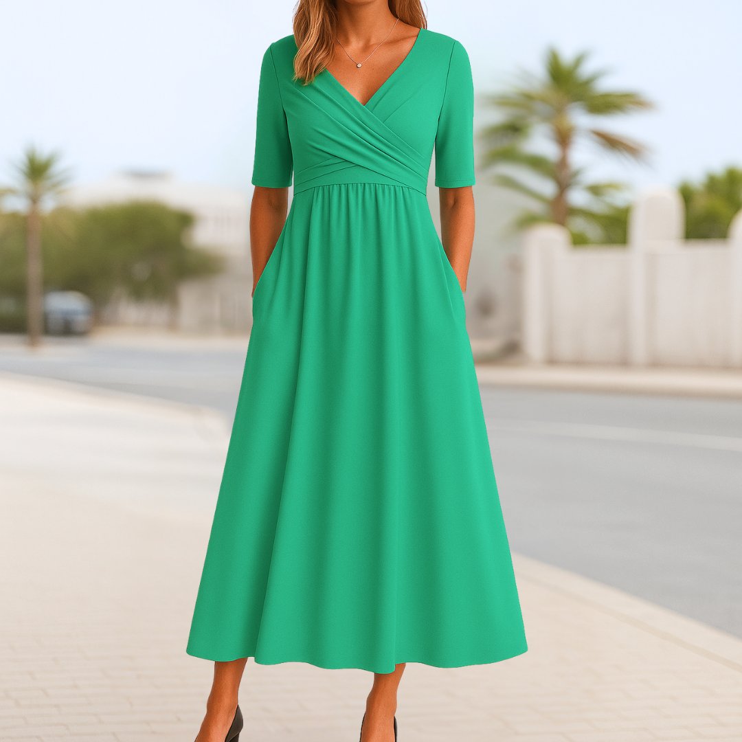 Women's V-Neck A-Line Cross-Over Midi Dress - Green