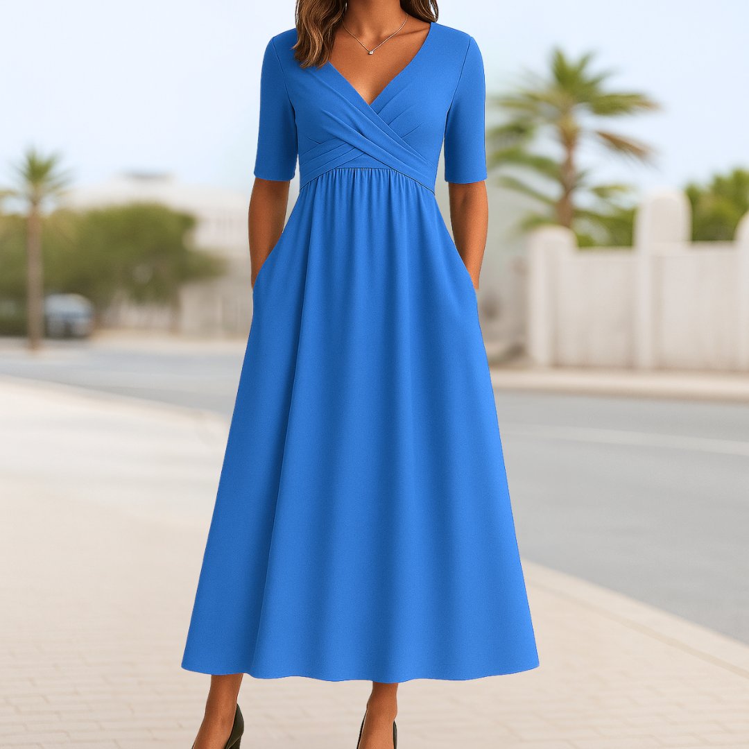 Women's V-Neck A-Line Cross-Over Midi Dress - Light Blue