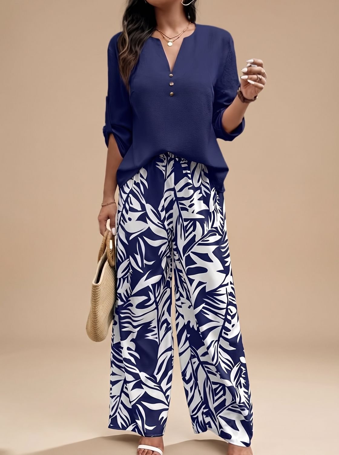 Women's V-Neck Blouse Palazzo Wide-Leg Pants Two-Piece Set