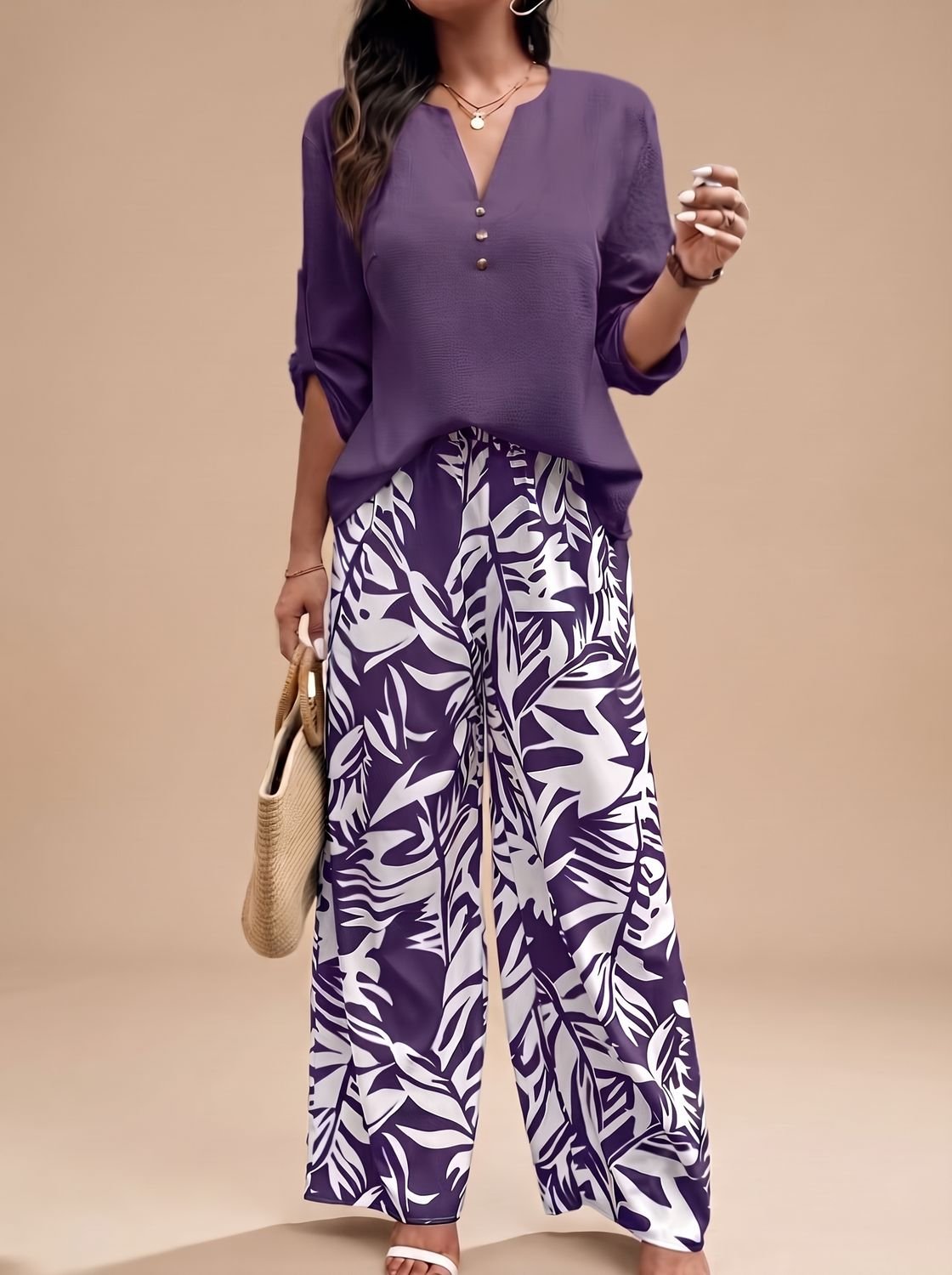 Women's V-Neck Blouse Palazzo Wide-Leg Pants Two-Piece Set - Purple