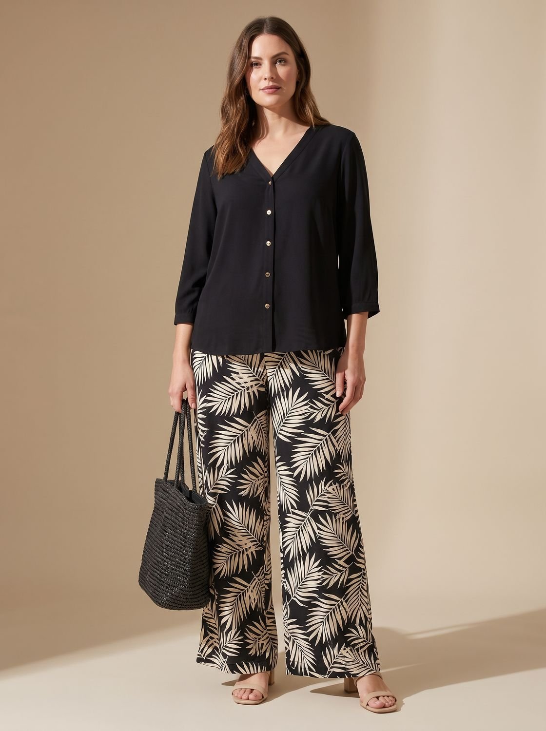 Women's V-Neck Blouse Palazzo Wide-Leg Pants Two-Piece Set - Black