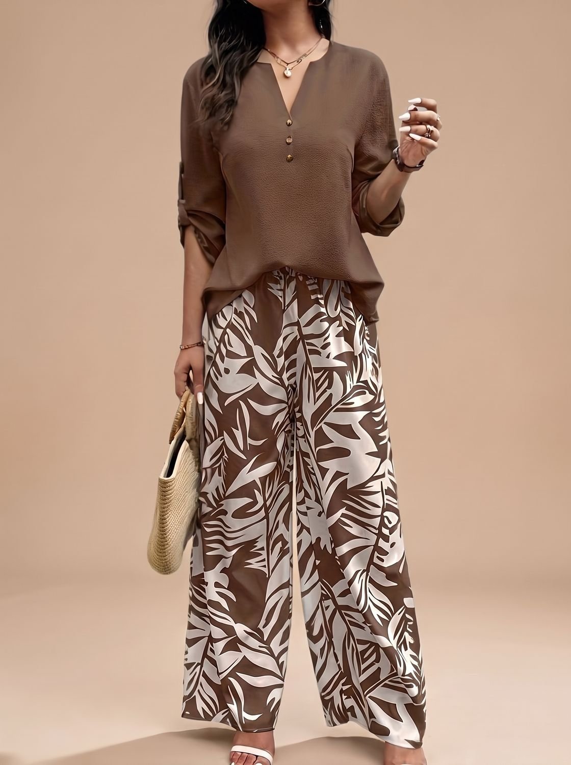 Women's V-Neck Blouse Palazzo Wide-Leg Pants Two-Piece Set