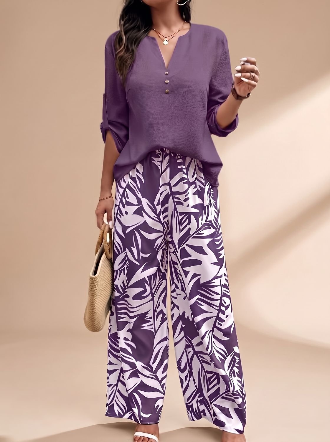 Women's V-Neck Blouse Palazzo Wide-Leg Pants Two-Piece Set