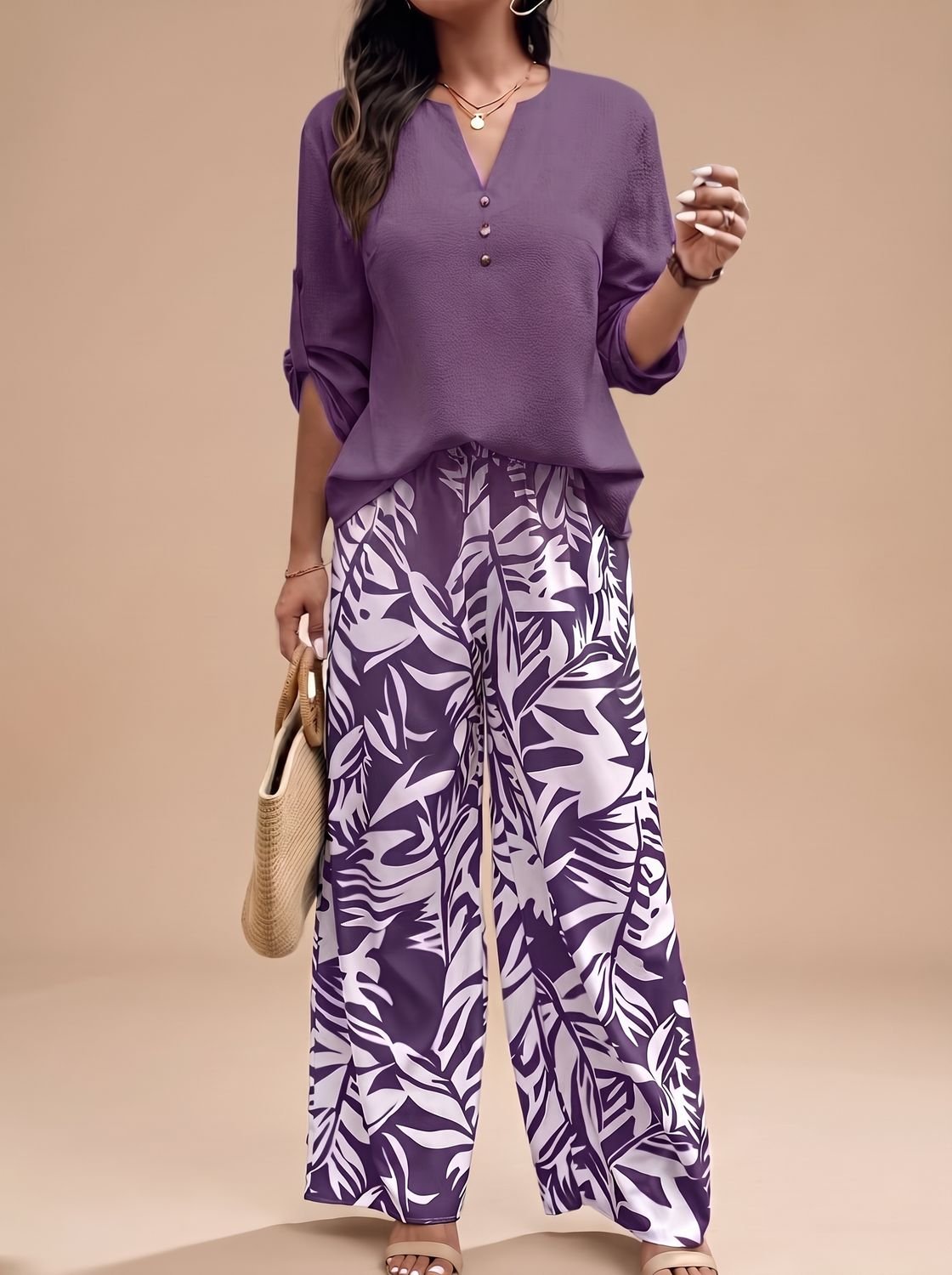 Women's V-Neck Blouse Palazzo Wide-Leg Pants Two-Piece Set