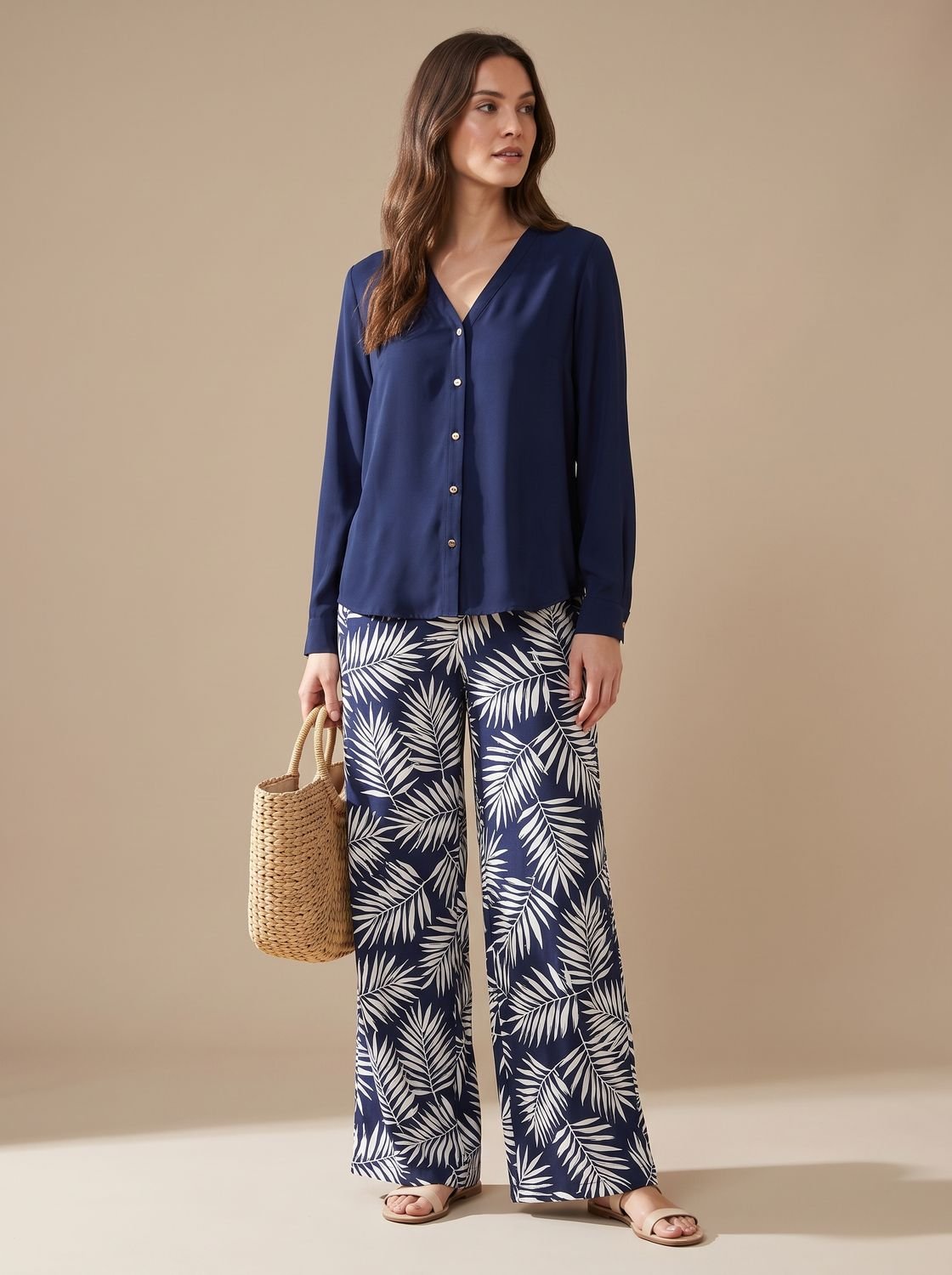 Women's V-Neck Blouse Palazzo Wide-Leg Pants Two-Piece Set - Blue