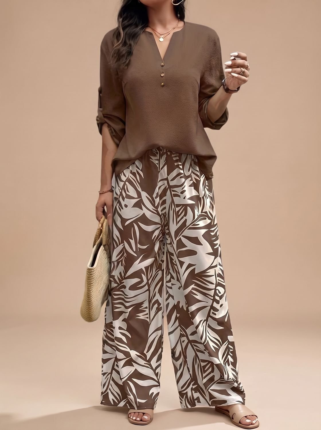Women's V-Neck Blouse Palazzo Wide-Leg Pants Two-Piece Set - Brown